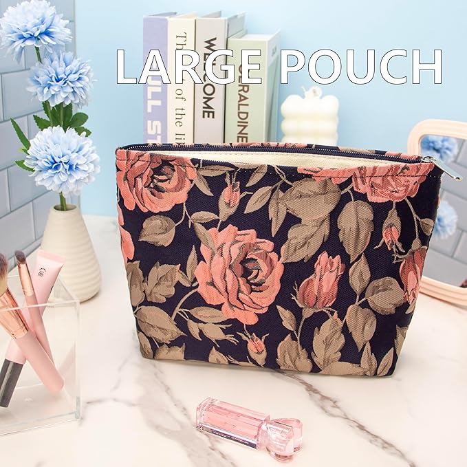 PAZIMIIK Makeup Bag Large Cotton Zipper Pouch for Purse Travel Canvas Make Up Organizer for Women Cosmetic,Rose Black Blue