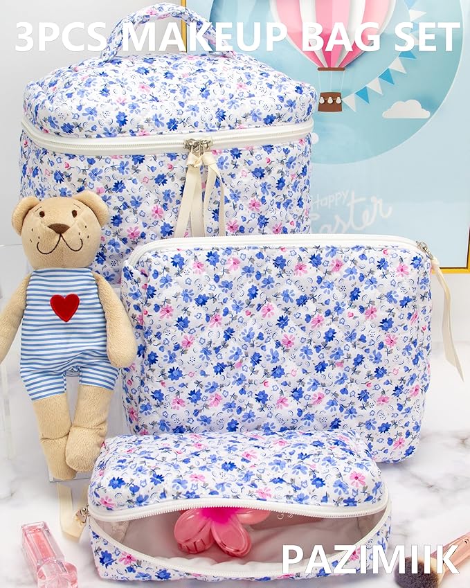 PAZIMIIK 3PCS Makeup Bag SET Large Travel Quilted Zipper Soft Cosmetic Case Pouch for Women Girls Make Up,Floral Blue