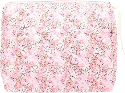 PAZIMIIK Quilted Makeup Bag Large Travel Zipper Soft Cosmetic Pouch for Women Girls Make Up,Pink Flower