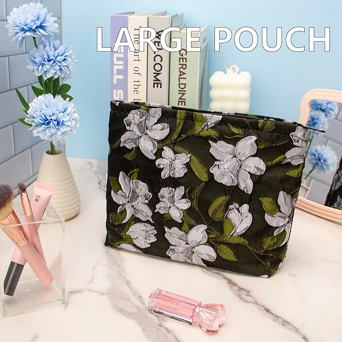 PAZIMIIK Makeup Bag Large Cotton Zipper Pouch for Purse Travel Canvas Make Up Organizer for Women Cosmetic,Brocade Floral Black