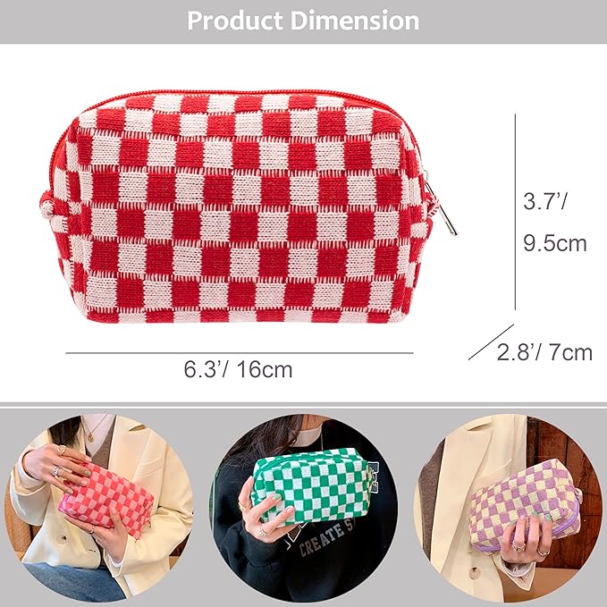 PAZIMIIK Checkered Makeup Bag for Purse Portable Zipper Make Up Pouch Small Cosmetic Case for Travel Accessories (6PCS Red)