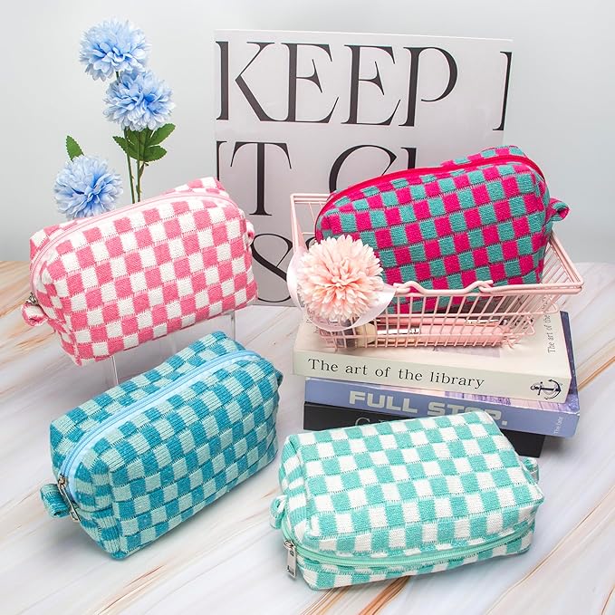 PAZIMIIK Checkered Makeup Bag for Purse Portable Zipper Make Up Pouch Small Cosmetic Case for Travel Accessories (2PCS Arctic Blue)