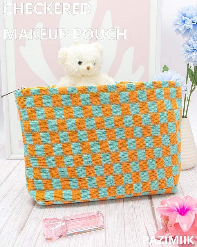PAZIMIIK Knitted Checkered Makeup Bag Large Zipper Make Up Accessory Pouch for Purse Cosmetic Brush Bag for Travel Essential Orange Green