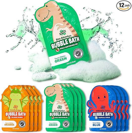 Tub Works® Magical Kids Bubble Bath, Variety 12 Pack | Creates Colorful Water & Tons of Bath Bubbles | Nontoxic | Character-Themed Bubble Bath for Kids | Green, Blue & Orange Bath Colors