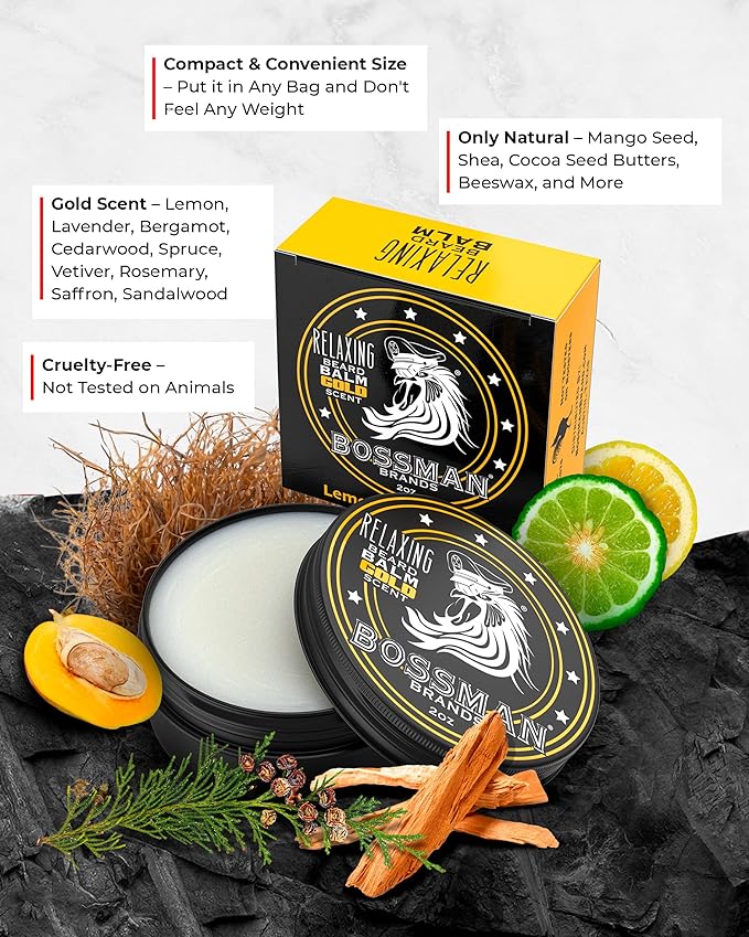 Bossman Relaxing Beard Balm for Men (Gold Scent) – Tames, Relaxes, Thickens & Softens for Ultimate Beard Care – Made in USA