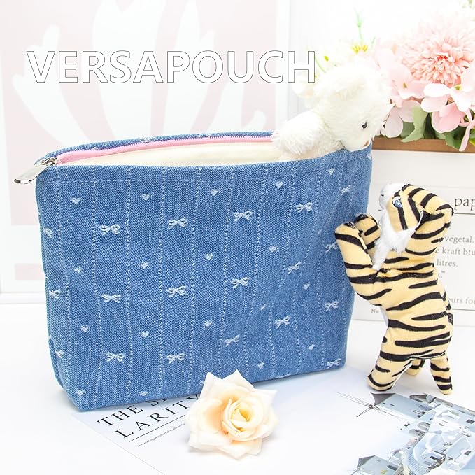 PAZIMIIK Makeup Bag Large Cotton Zipper Pouch for Purse Travel Canvas Make Up Organizer for Women Cosmetic,Jean Blue