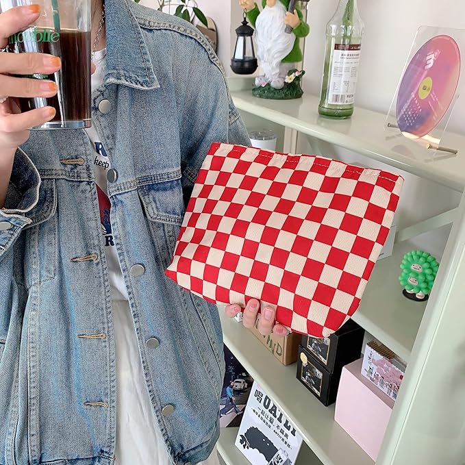 PAZIMIIK Makeup Bag Large Zipper Corduroy Make Up Pouch for Purse Travel Canvas Cosmetic Organizer for Women Brush Storage,Checkered Red