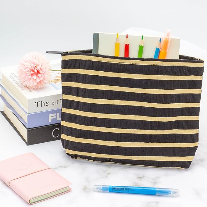 PAZIMIIK Floral Makeup Bag Large Cotton Zipper Pouch for Purse Travel Canvas Make Up Organizer for Women Cosmetic,Stripe Black