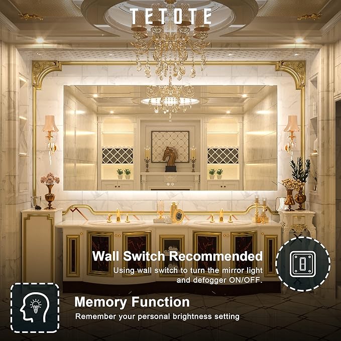 TETOTE 72 x 36 Inch LED Backlit Bathroom Mirror with Lights,3Color White/Warm/Natural,Anti-Fog Lighted Mirror,Dimmable,Vanity Mirror,Wall Mounted