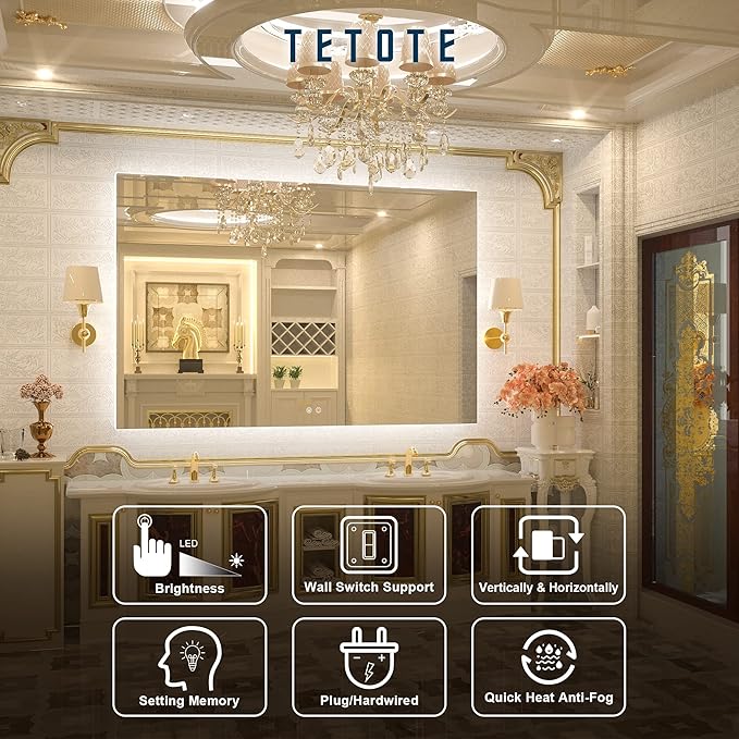 TETOTE 60 x 40 Inch LED Backlit Bathroom Mirror with Light,Anti-Fog,Dimmable,CRI90+,Water Proof,Vanity Lighted Mirror,Wall Mounted(Horizontal/Vertical)