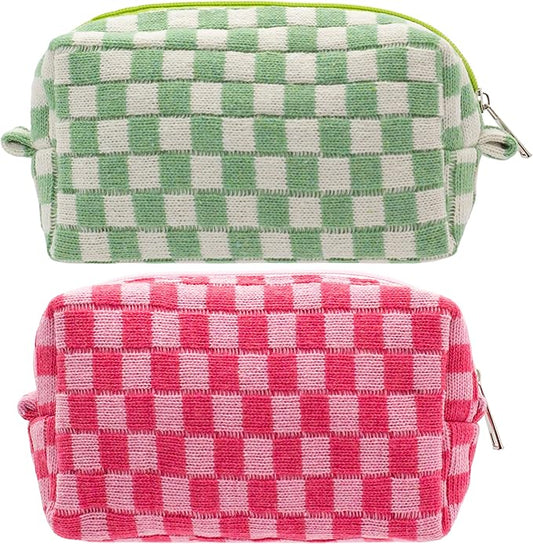 PAZIMIIK Checkered Makeup Bag for Purse Portable Zipper Make Up Pouch Small Cosmetic Case for Travel Accessories (2PCS Hotpink Light Green)