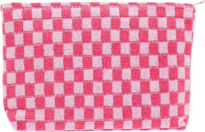 PAZIMIIK Knit Checkered Makeup Bag Large Zipper Make Up Accessory Pouch for Purse Cosmetic Brush Bag for Travel Essential,Hotpink