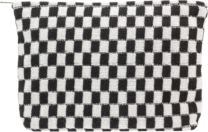 PAZIMIIK Knitted Checkered Makeup Bag Large Zipper Make Up Accessory Pouch for Purse Cosmetic Brush Bag for Travel Essential,Black