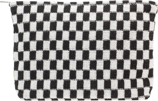 PAZIMIIK Knitted Checkered Makeup Bag Large Zipper Make Up Accessory Pouch for Purse Cosmetic Brush Bag for Travel Essential,Black
