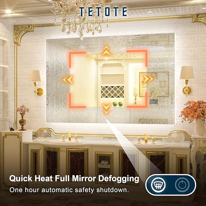 TETOTE 60 x 40 Inch LED Backlit Bathroom Mirror with Light,Anti-Fog,Dimmable,CRI90+,Water Proof,Vanity Lighted Mirror,Wall Mounted(Horizontal/Vertical)