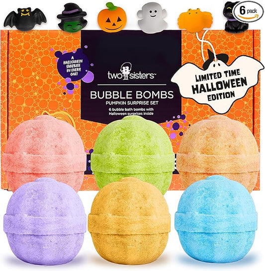 Halloween Bath Bombs for Kids with Surprise Halloween Toys Inside (6 Pack) - Large Pumpkin Bath Bombs for Kids, Boys, Girls & Teens – Spooky Boo Basket Stuffers for Kids - Made in USA by Two Sisters