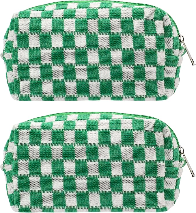 PAZIMIIK Checkered Makeup Bag for Purse Portable Zipper Make Up Pouch Small Cosmetic Case for Travel Accessories (2PCS Green)