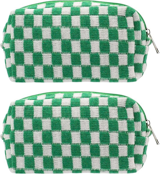 PAZIMIIK Checkered Makeup Bag for Purse Portable Zipper Make Up Pouch Small Cosmetic Case for Travel Accessories (2PCS Green)