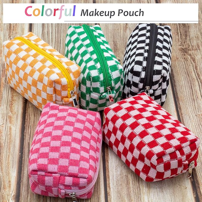 PAZIMIIK Checkered Makeup Bag for Purse Portable Zipper Make Up Pouch Small Cosmetic Case for Travel Accessories (2PCS Hotpink)