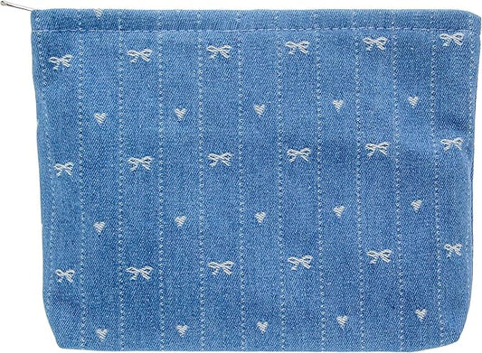 PAZIMIIK Makeup Bag Large Cotton Zipper Pouch for Purse Travel Canvas Make Up Organizer for Women Cosmetic,Jean Blue