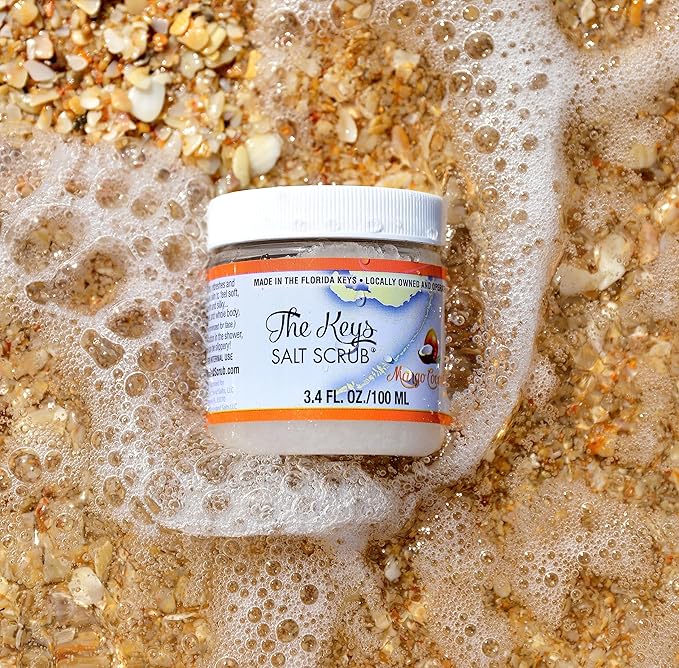 The Keys Salt Scrub -Sea Salt Scrub - Exfoliating Body Scrub with Wooden Spoon - Moisturizing Exfoliator for Hands, Foot, Bath, (3.4 Ounce (Pack of 1), Mango Coconut)